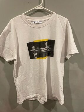 Off-White White Short Sleeve Graphic Tee with Yellow Accent